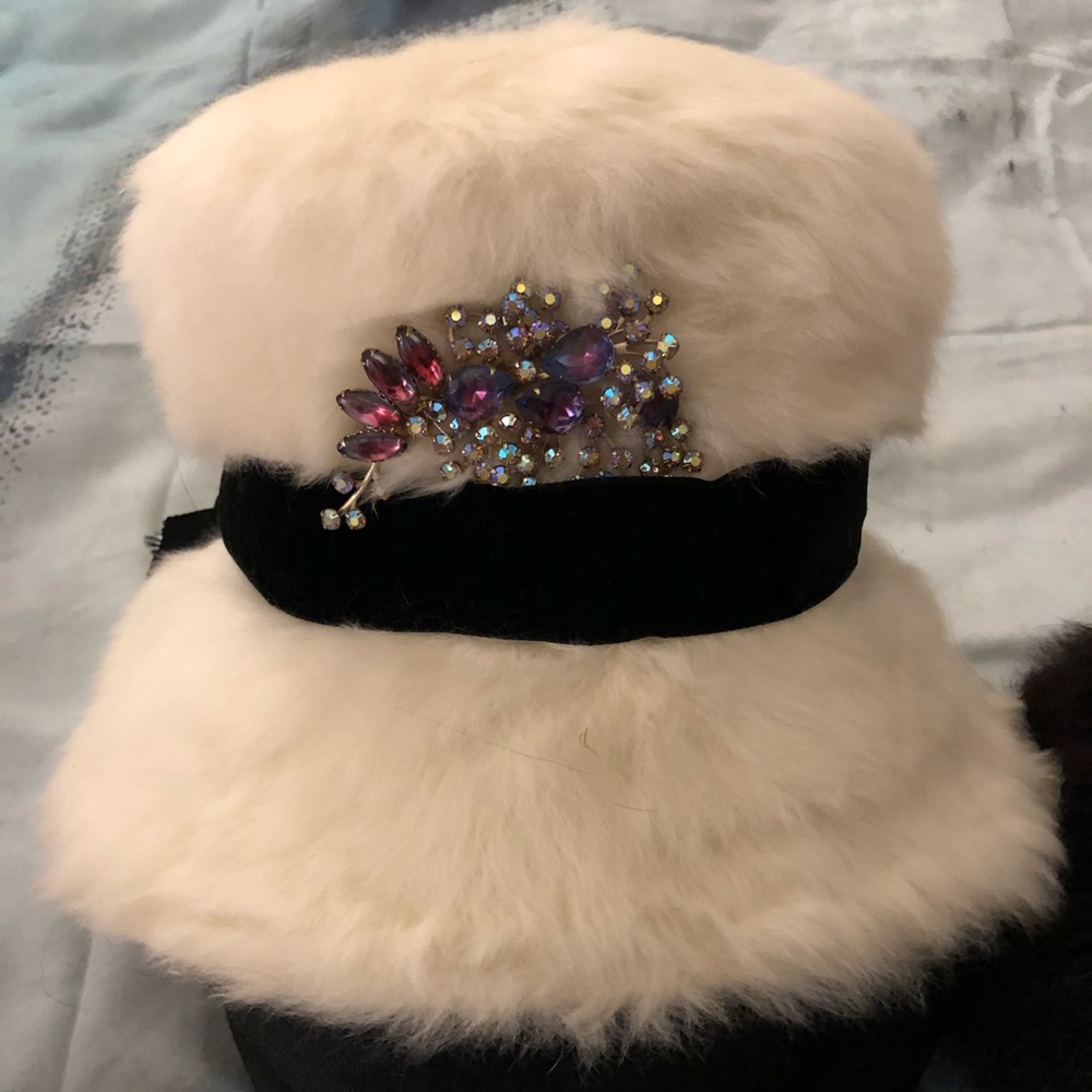 1960s fur hat with rhinestone brooch